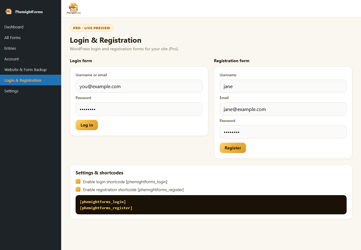 PhemightForms Login & Registration live preview in the WordPress side menu