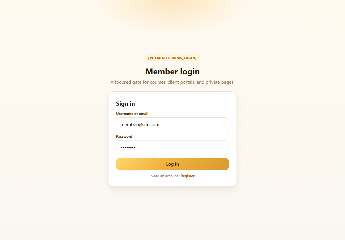 Front end member login form from phemightforms_login shortcode