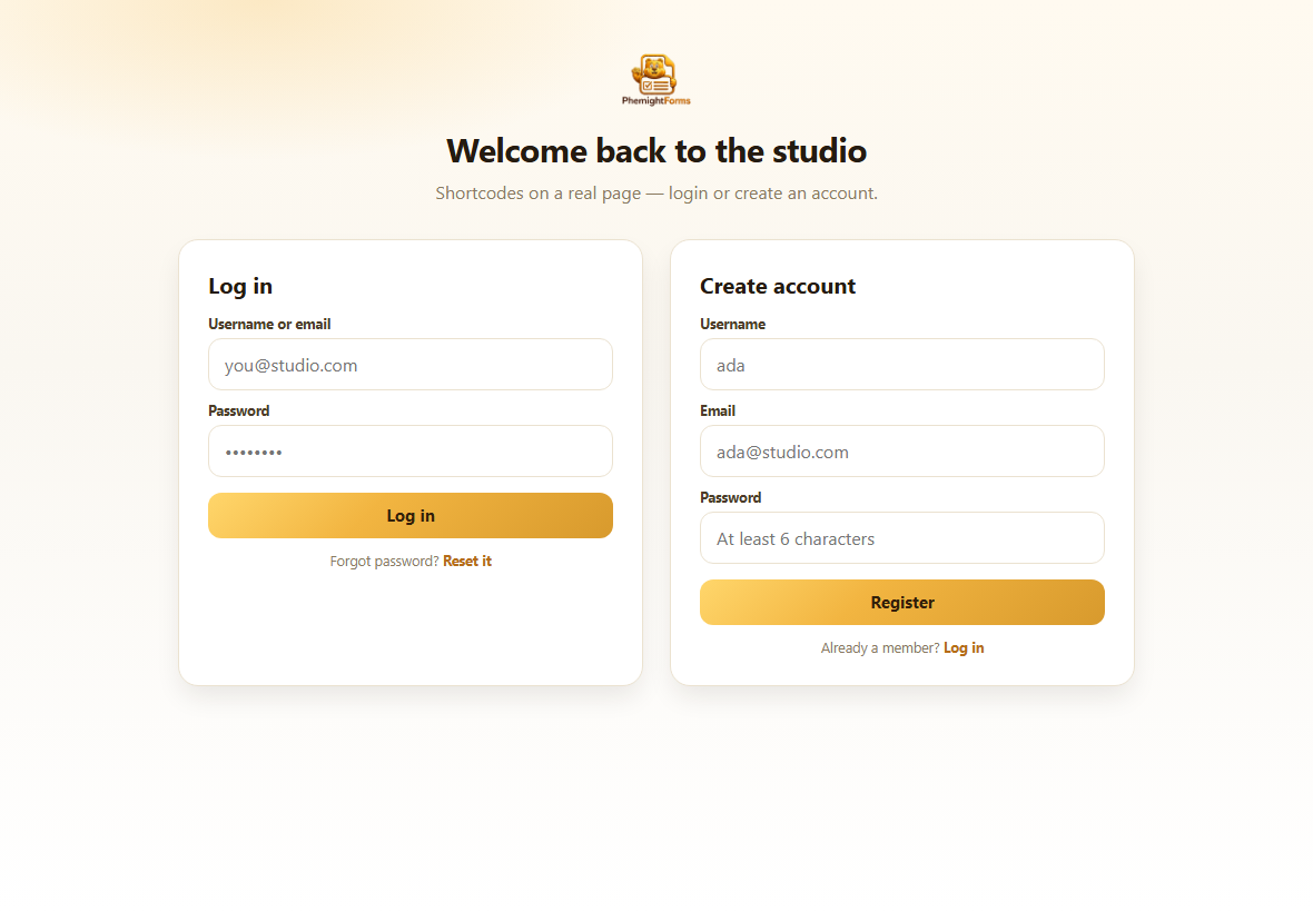 Front end page with login and registration forms side by side