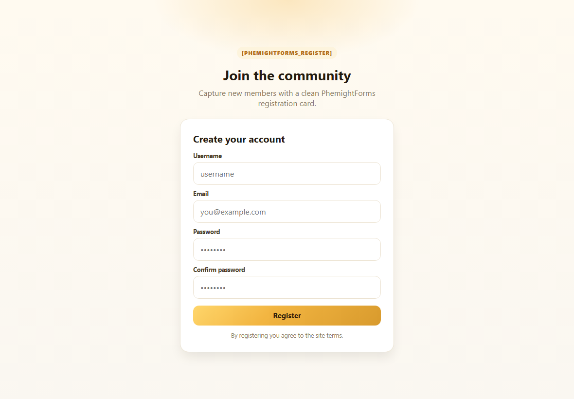 Front end registration form from phemightforms_register shortcode