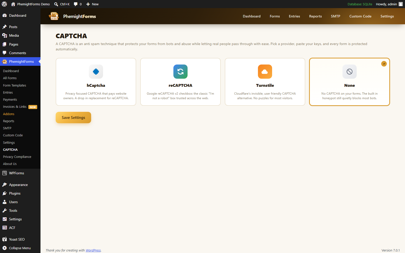 Captcha settings in PhemightForms