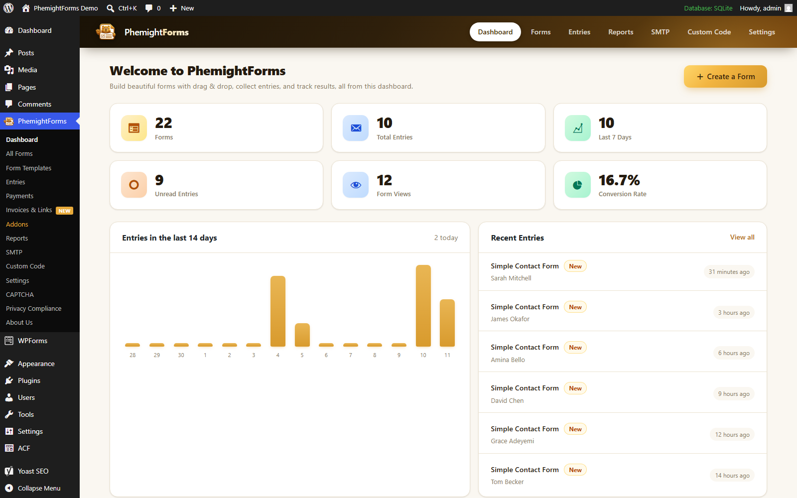 PhemightForms dashboard overview