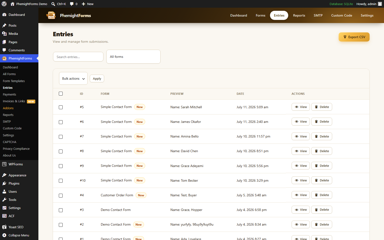 Entries screen