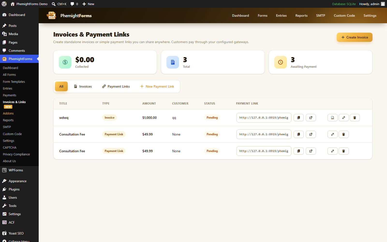 Invoices in PhemightForms