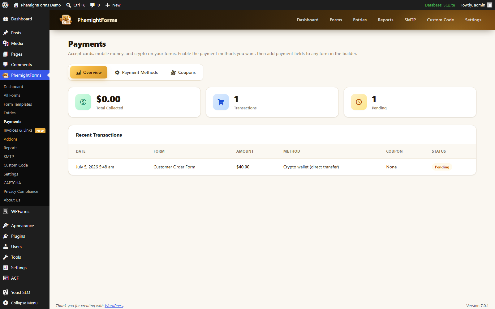 Payments screen