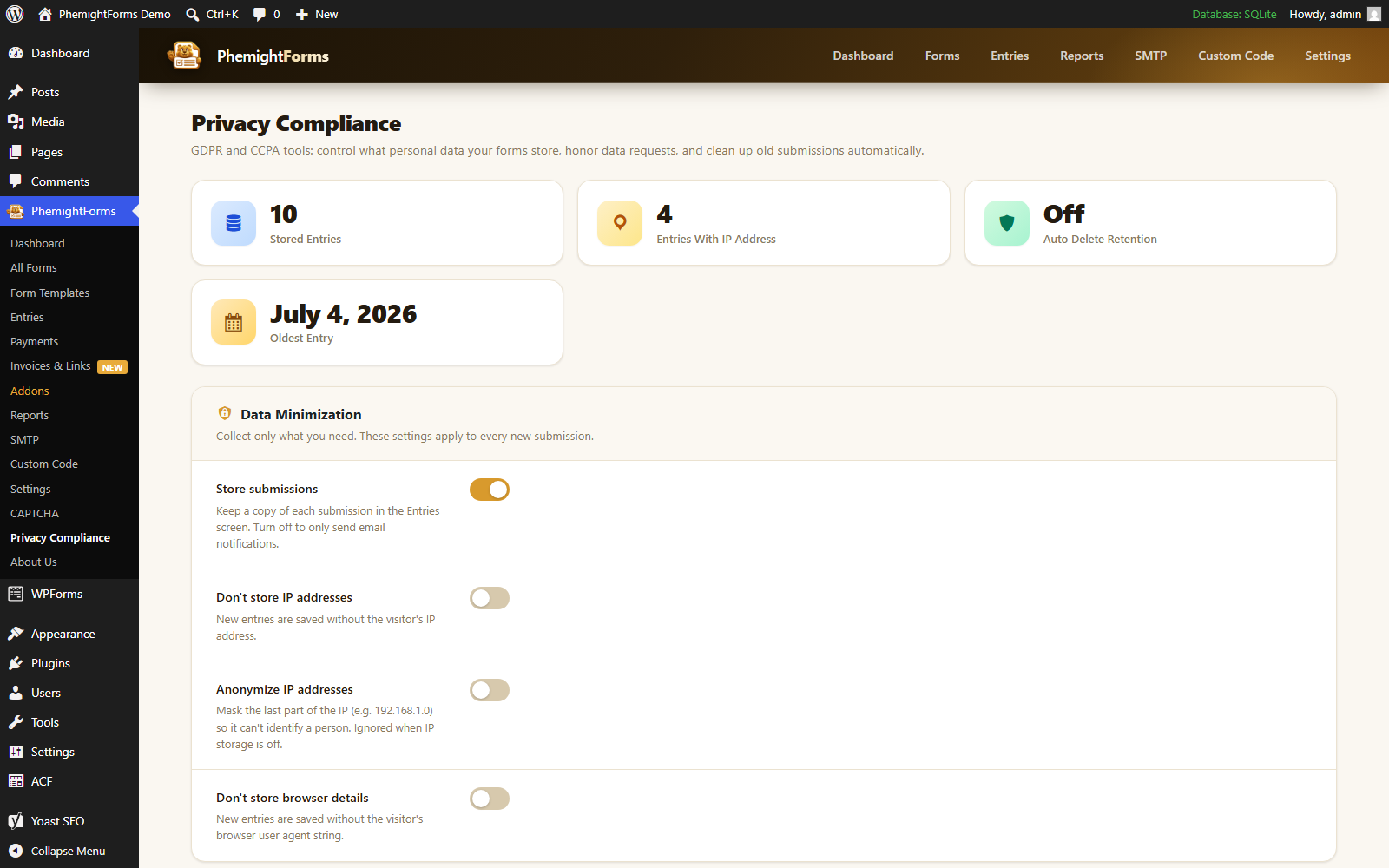 Privacy and security settings in PhemightForms