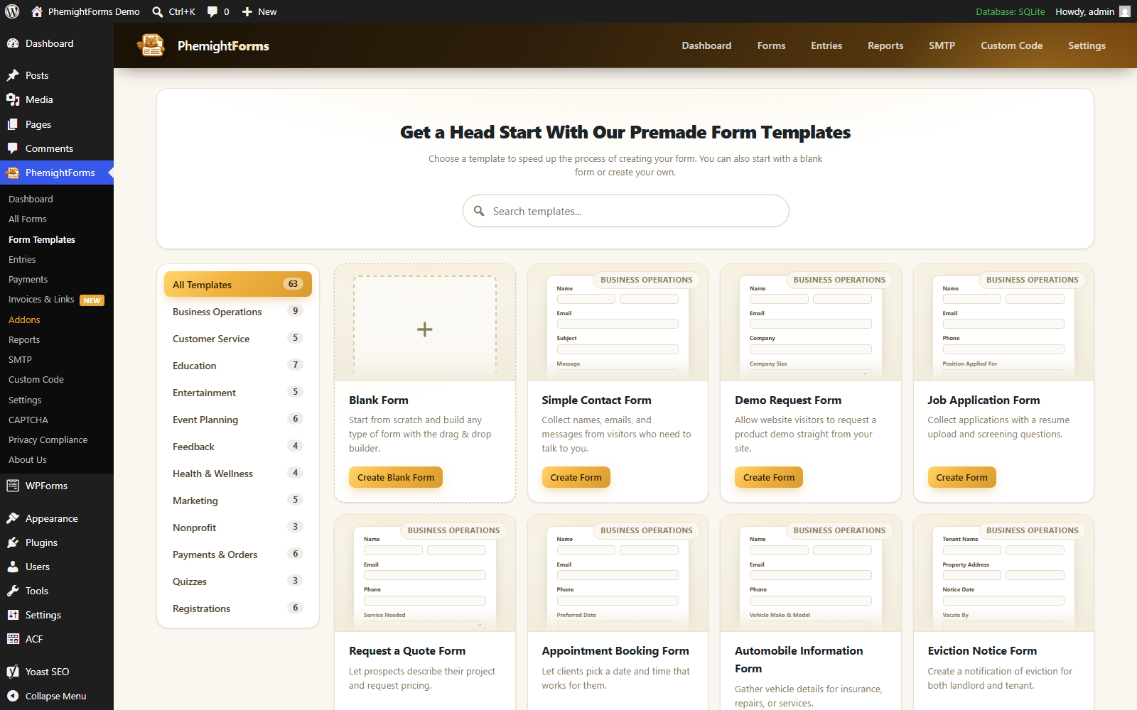 Templates screen